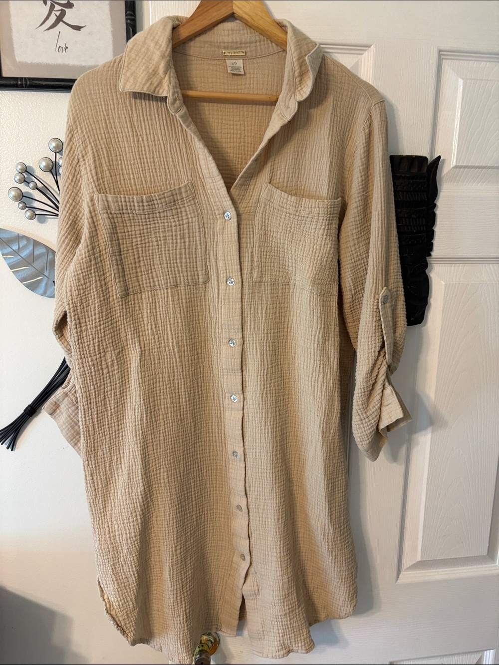Magaschoni Natural Beige Long Sleeve Button-Down Shirt Dress